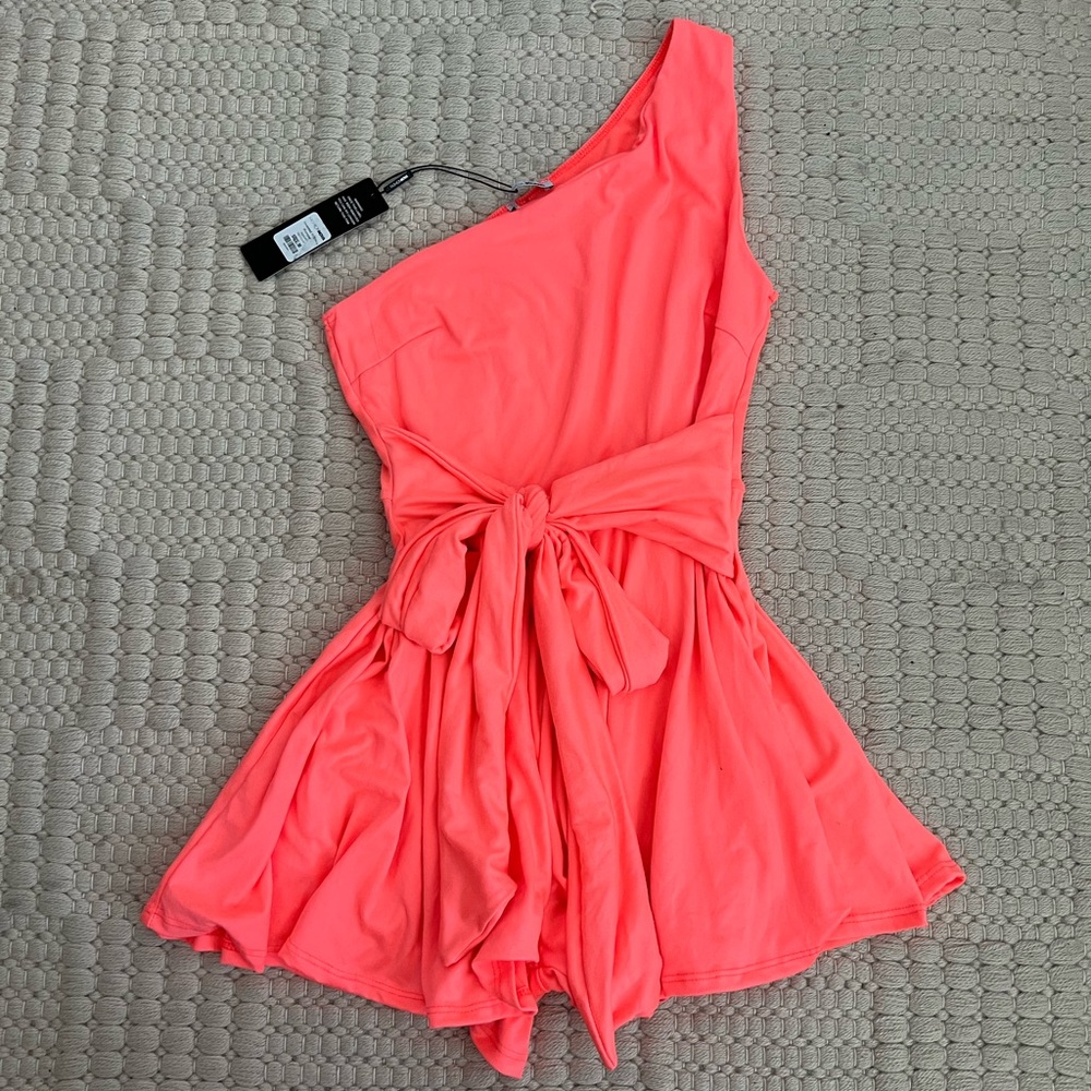 Fashion Nova Coral One-Shoulder Romper